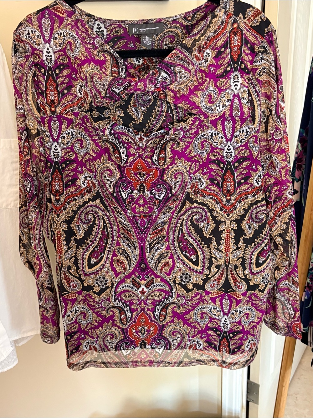 INC International Concepts Magenta and Black Paisley Long-Sleeve Blouse